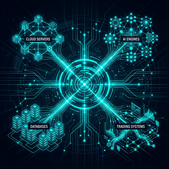 Interconnected systems architecture — data streams linking AI engines, trading platforms, and cloud infrastructure