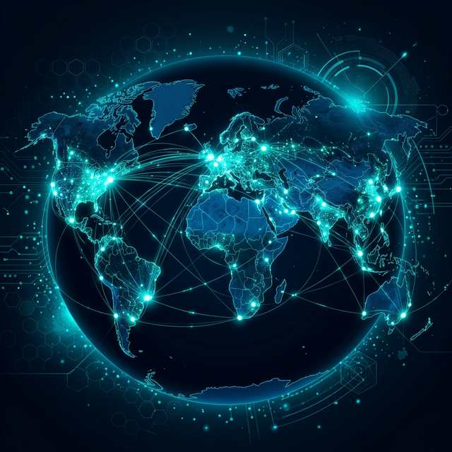 Global deployment network — worldwide infrastructure nodes and data connections